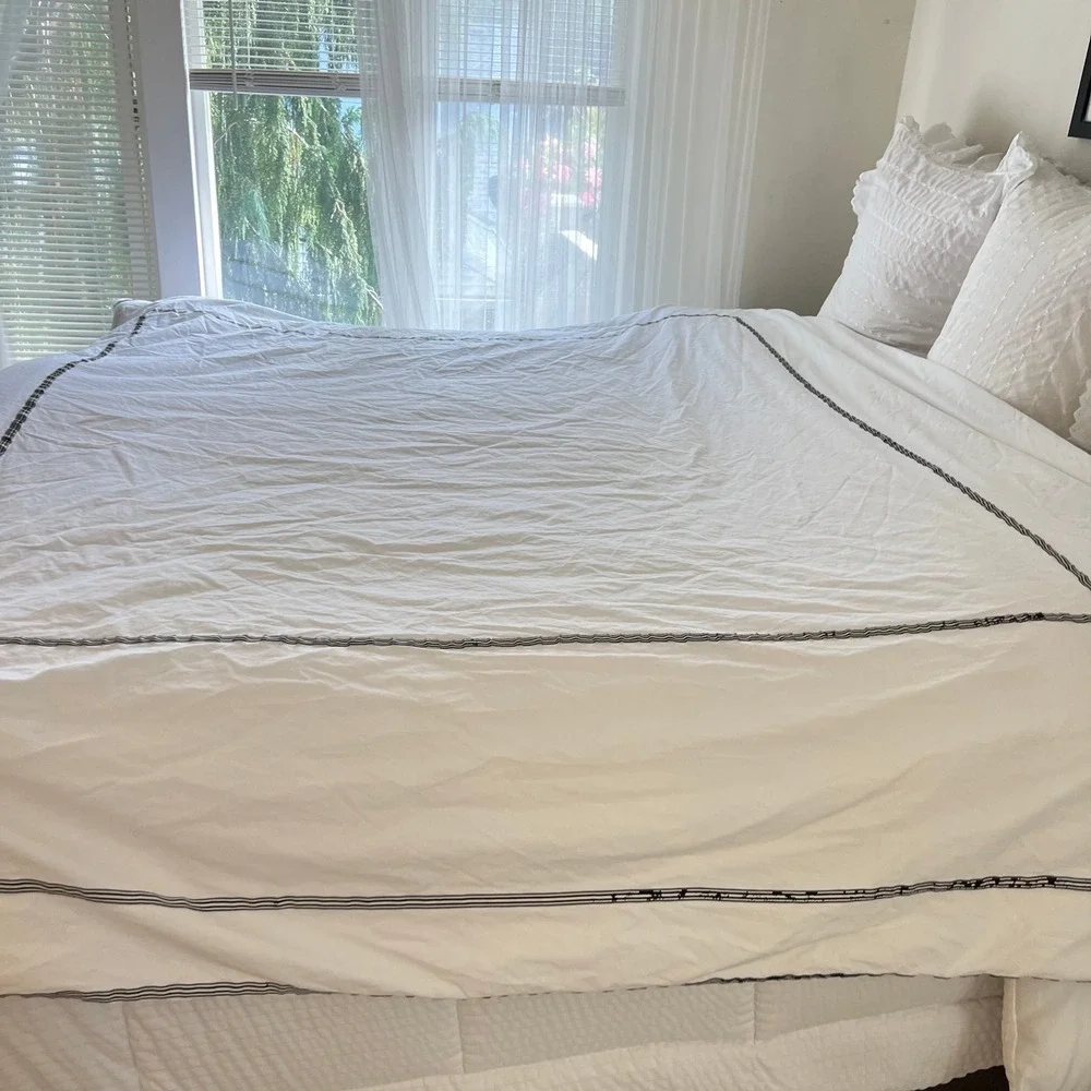 Hotel Collection Duvet Cover Queen White Black Ribbon Trim 100% Cotton Modern